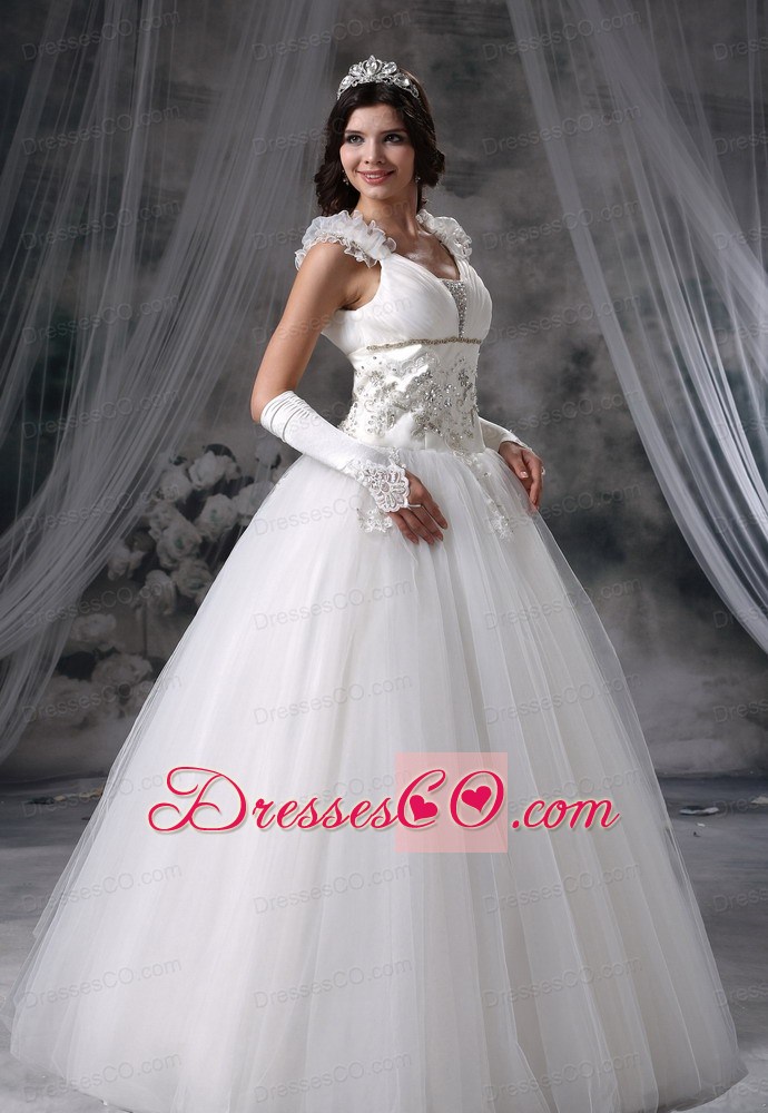 Appliques With Beading Hand Made Flowers A-line Tulle Long Wedding Dress For Lovely Style
