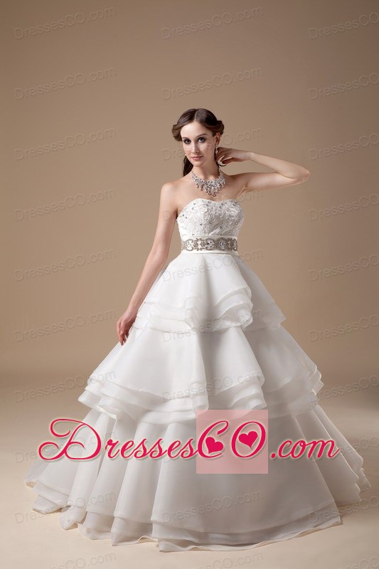 Beautiful A-line Strapless Brush Train Organza Appliques with Beading Wedding Dress