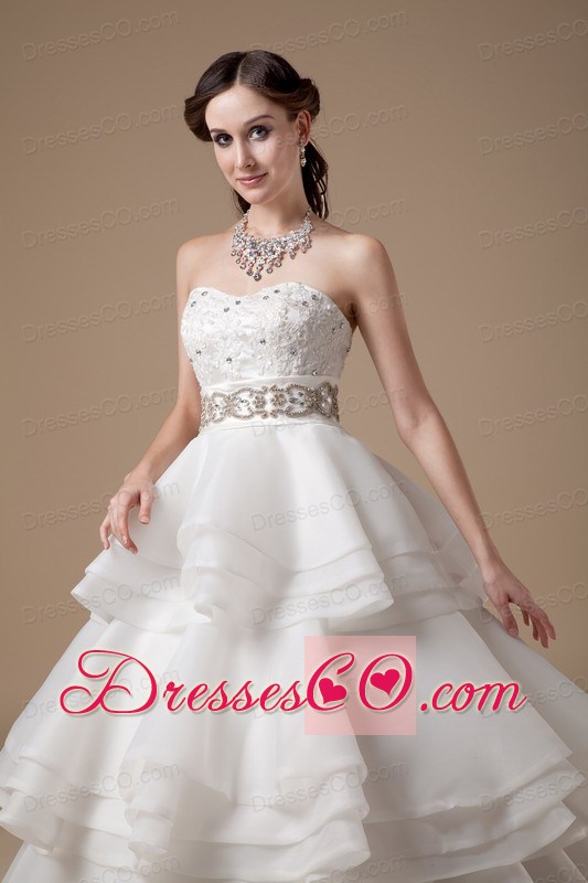 Beautiful A-line Strapless Brush Train Organza Appliques with Beading Wedding Dress