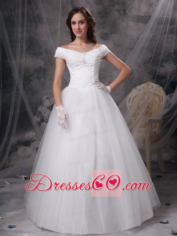 Beautiful A-line Off The Shoulder Long Appliques Satin And Tulle Wedding Dress