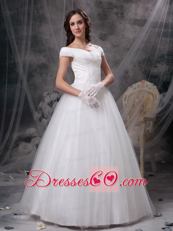 Beautiful A-line Off The Shoulder Long Appliques Satin And Tulle Wedding Dress