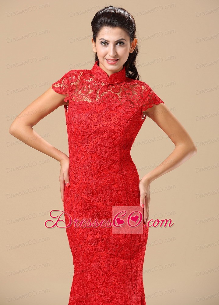 High-neck Short Sleeves and Lace Over Skirt For Prom Dress