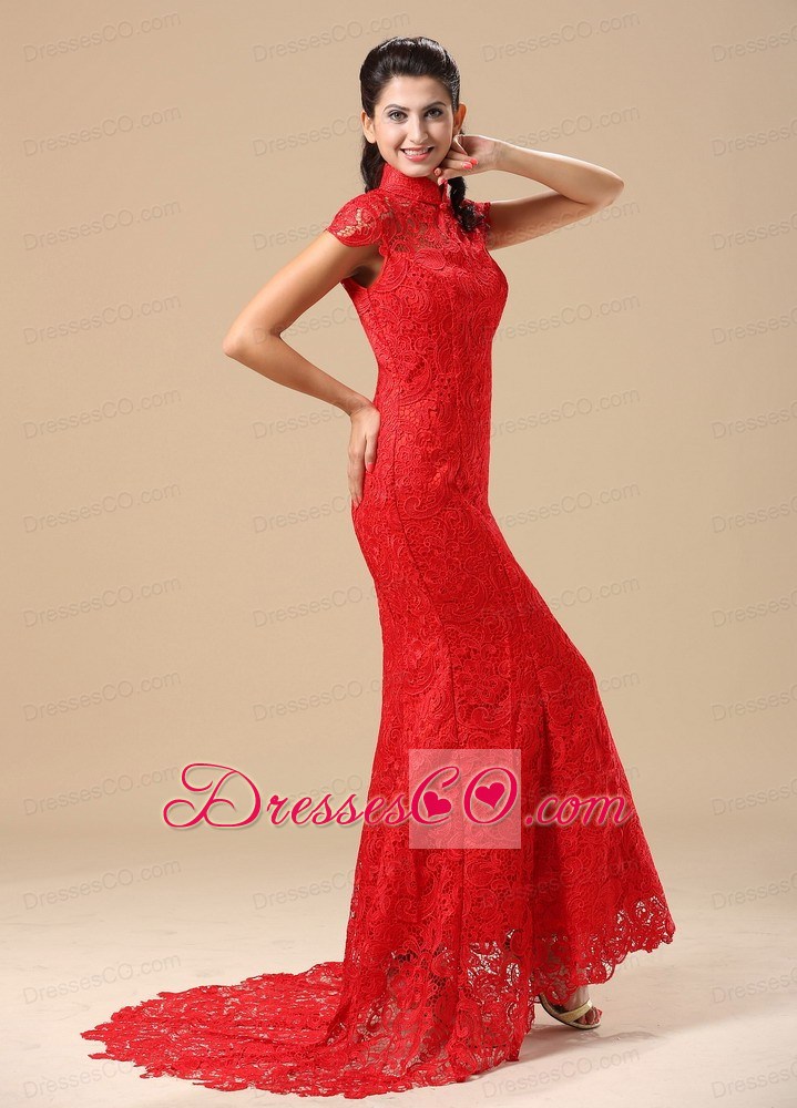 High-neck Short Sleeves and Lace Over Skirt For Prom Dress