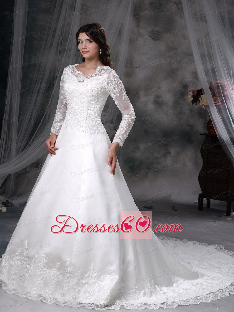 Gorgeous A-line V-neck Chapel Train Satin and Lace Wedding Dress