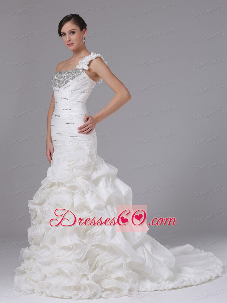 Mermaid One Shoulder Wedding Dress With Ruched Bodice Ruffled Layers