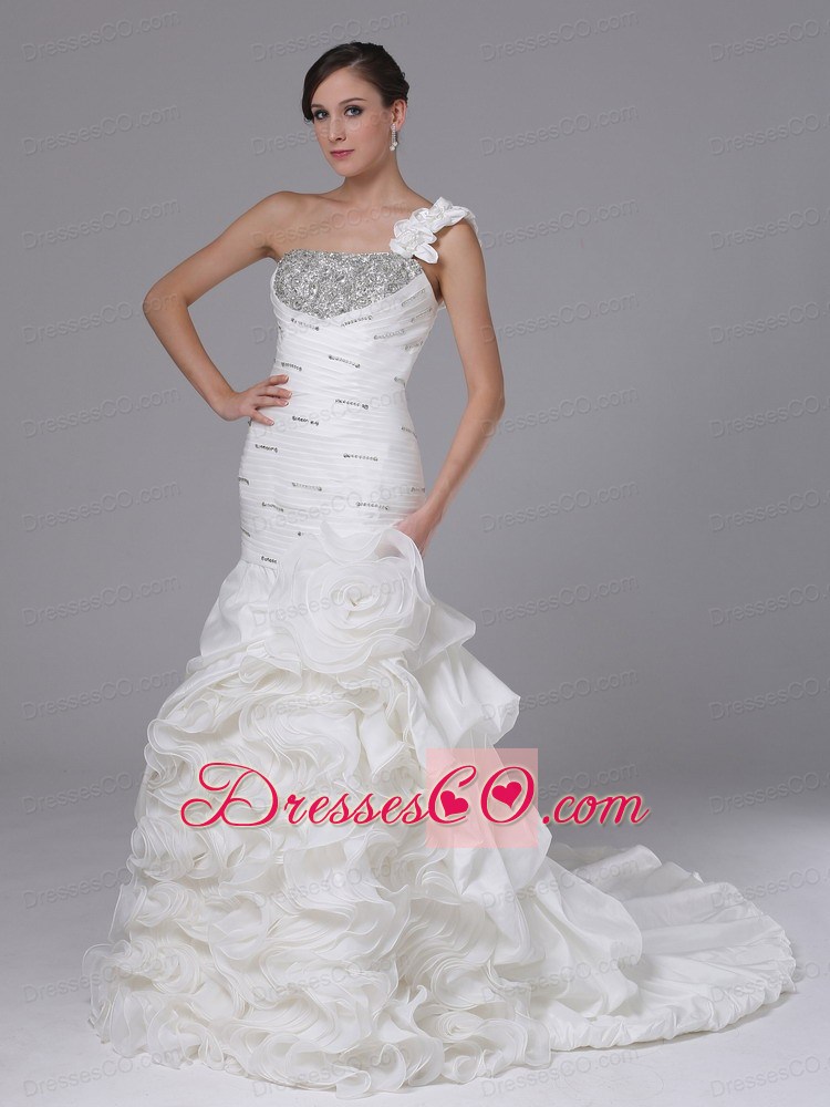 Mermaid One Shoulder Wedding Dress With Ruched Bodice Ruffled Layers