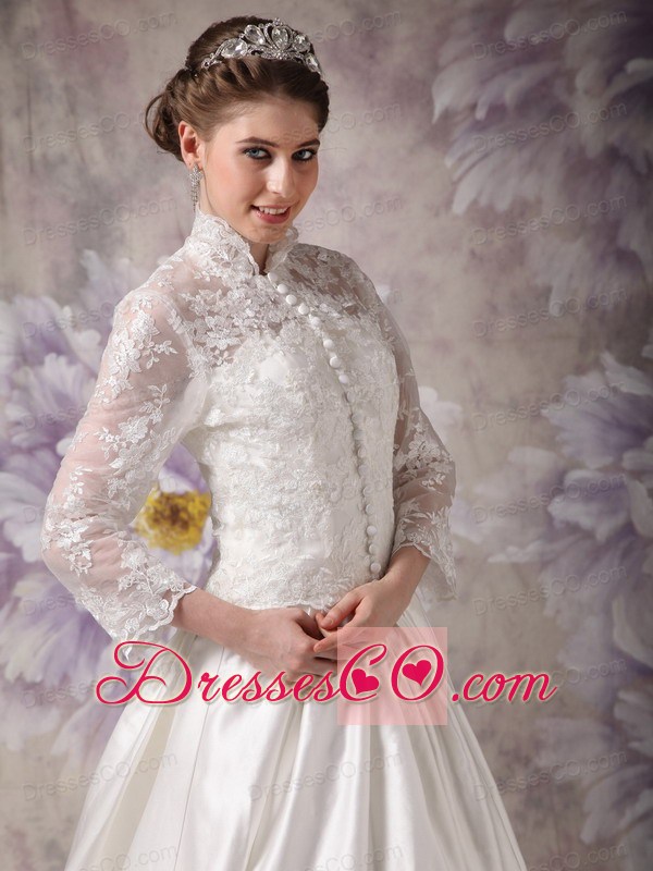 Ivory A-line High-neck Court Train Satin Lace Wedding Dress