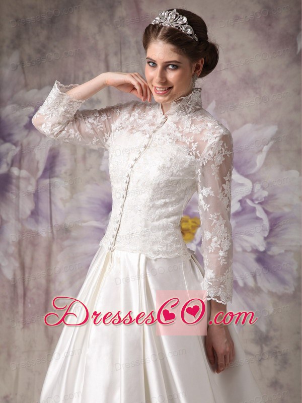Ivory A-line High-neck Court Train Satin Lace Wedding Dress