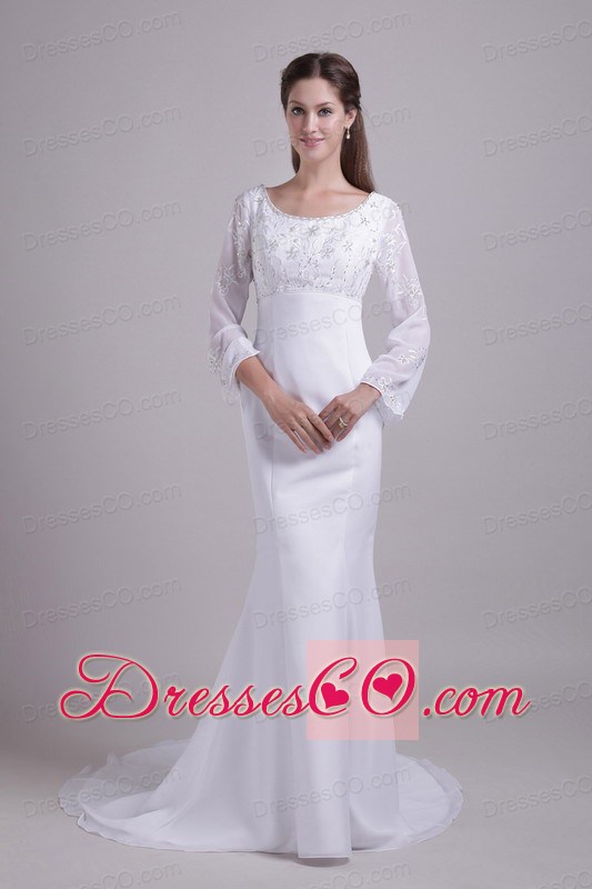White Trumpet/Mermaid Scoop Brush Train Chiffon and Satin Embroidery Wedding Dress