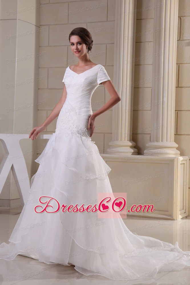Appliques and Ruching V-neck Short Sleeves Wedding Dress