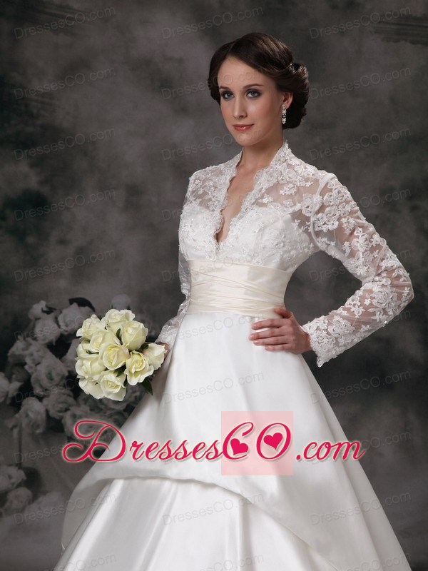 Pretty A-line V-neck Court Train Satin Lace Wedding Dress