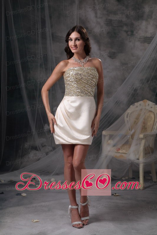 Champagne Column Evening Dress Strapless Satin Beading And Ruching Mini-length