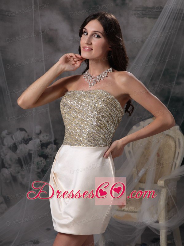 Champagne Column Evening Dress Strapless Satin Beading And Ruching Mini-length