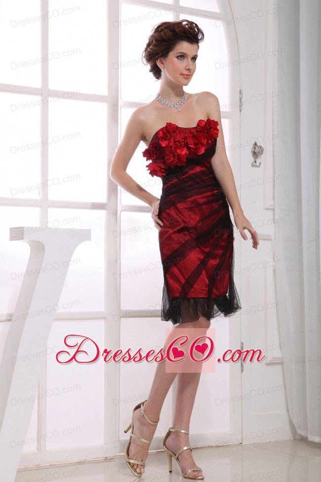 Strapless Column Tulle Hand Made Flowers Knee-length Red Prom Dress