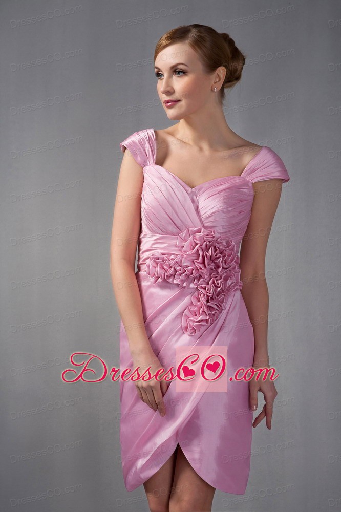 Rose Pink Column Cap Sleeves Knee-length Taffeta Ruching And Hand Made Flowers Nightclub Dress