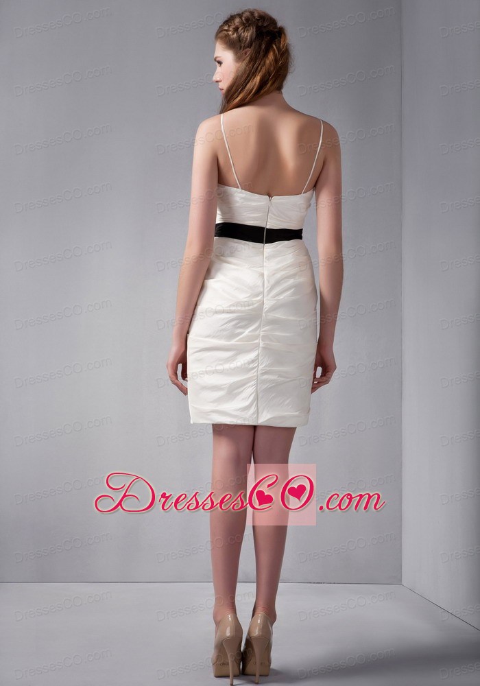 White Column Strapless Mini-length Taffeta Ruching Prom Dress