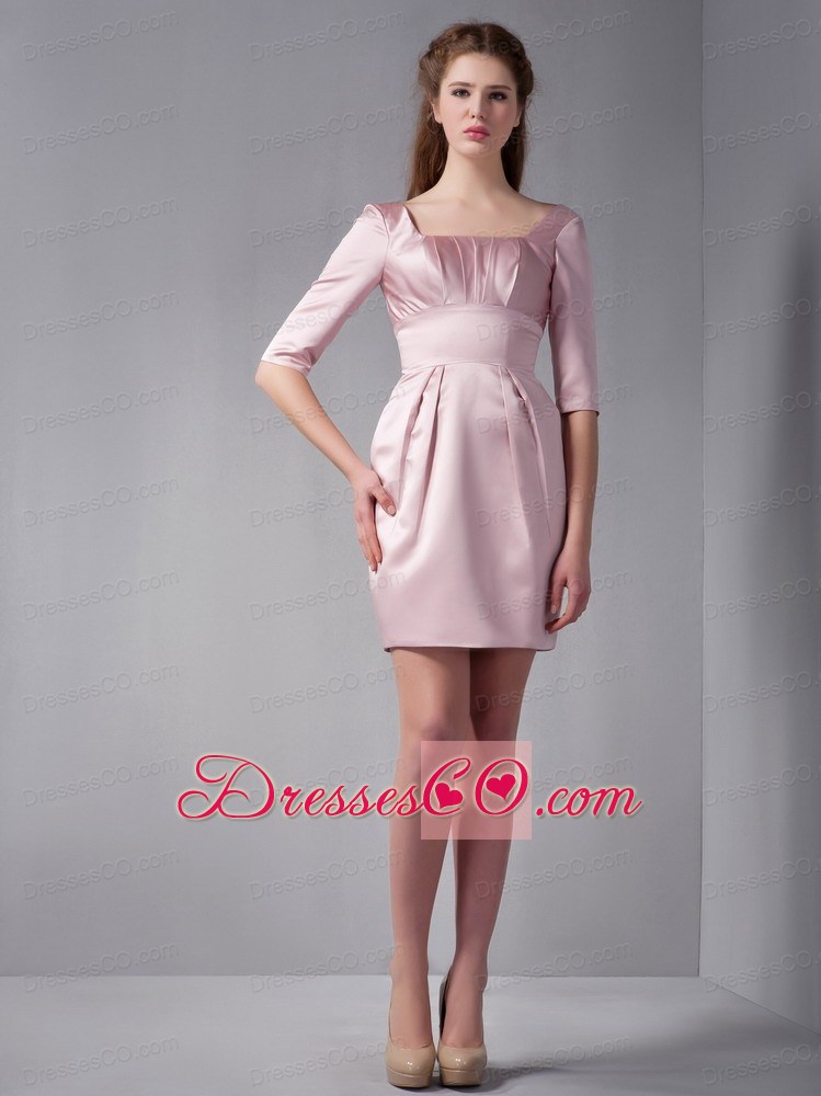 Pink Column Square Mini-length Taffeta Ruching Prom Dress