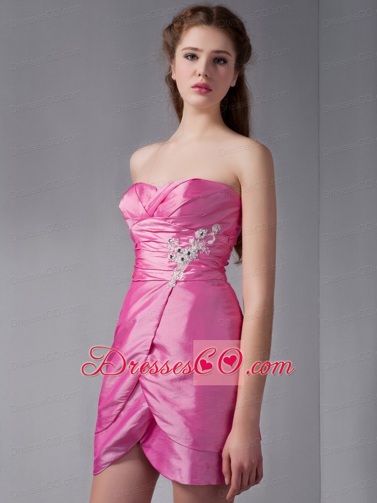 Rose Pink Column Mini-length Taffeta Appliques Prom Dress