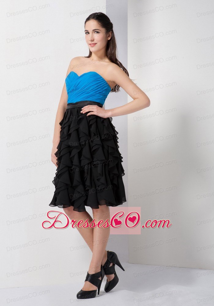 Custom Made Blue And Black A-line Prom / Cocktail Dress Knee-length Chiffon Ruffles