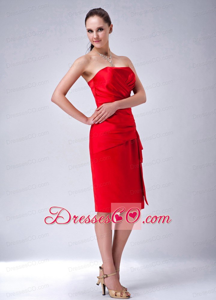 Custom Made Red Column / Sheath Strapless Nightclub Dress Satin Ruching Knee-length