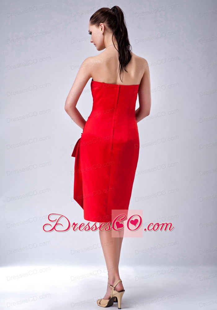 Custom Made Red Column / Sheath Strapless Nightclub Dress Satin Ruching Knee-length