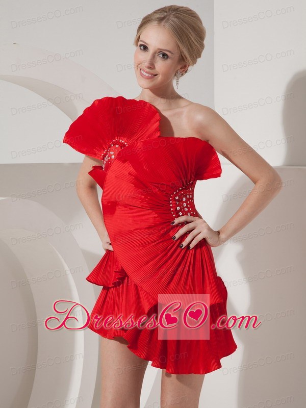 Special Red Column Short Prom Dress One Shoulder Mini-length Beading