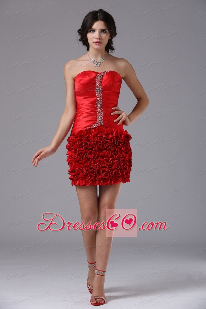 Red Ruched Bodice And Beading For Cocktail Dress Mini-length Taffeta
