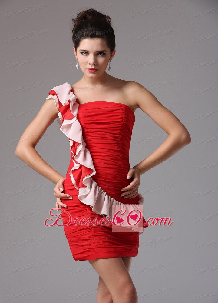 Red Column One Shoulder Ruched Bodice Prom Cocktail Dress