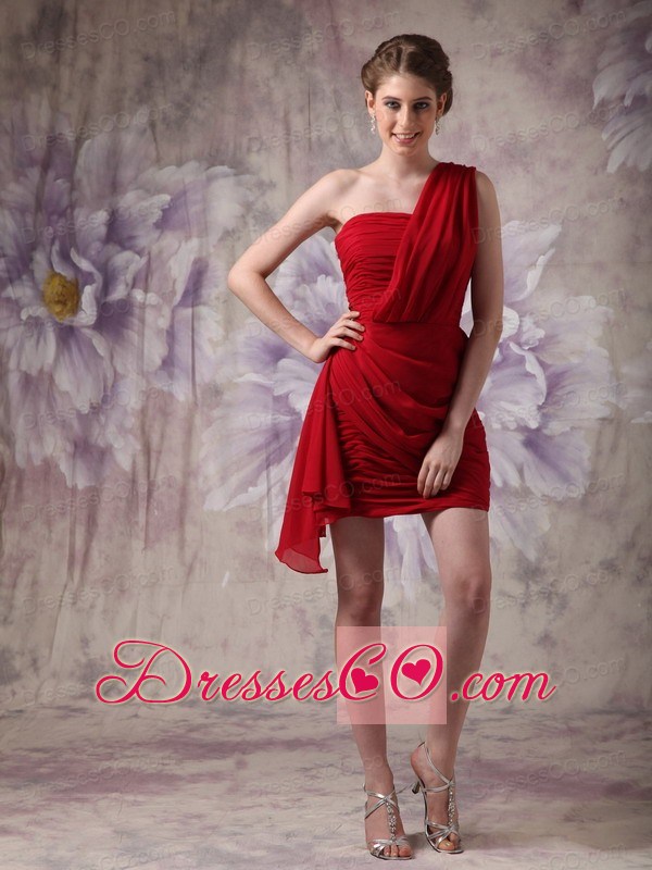 Low Price Red Column One Shoulder Prom Dress Chiffon Ruching Mini-length