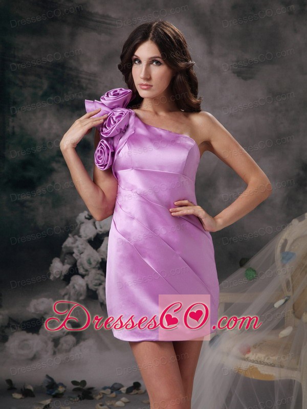 Sexy Lavender Prom Dress Column One Shoulder Satin Hand Made Flowers Mini-length