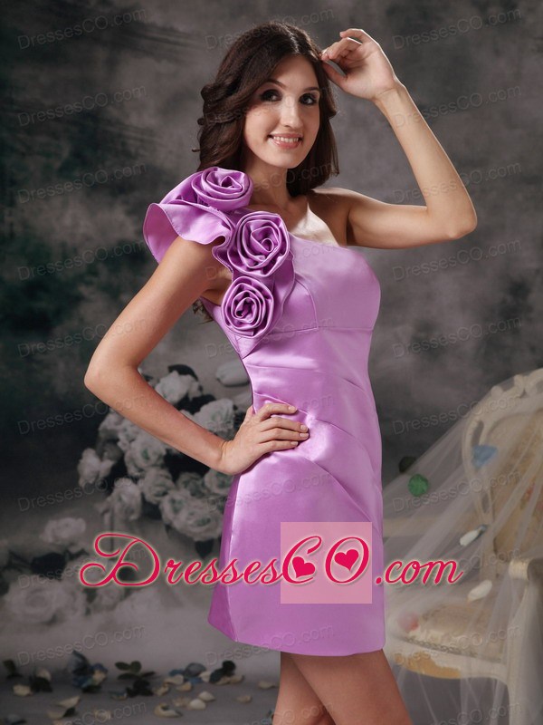 Sexy Lavender Prom Dress Column One Shoulder Satin Hand Made Flowers Mini-length