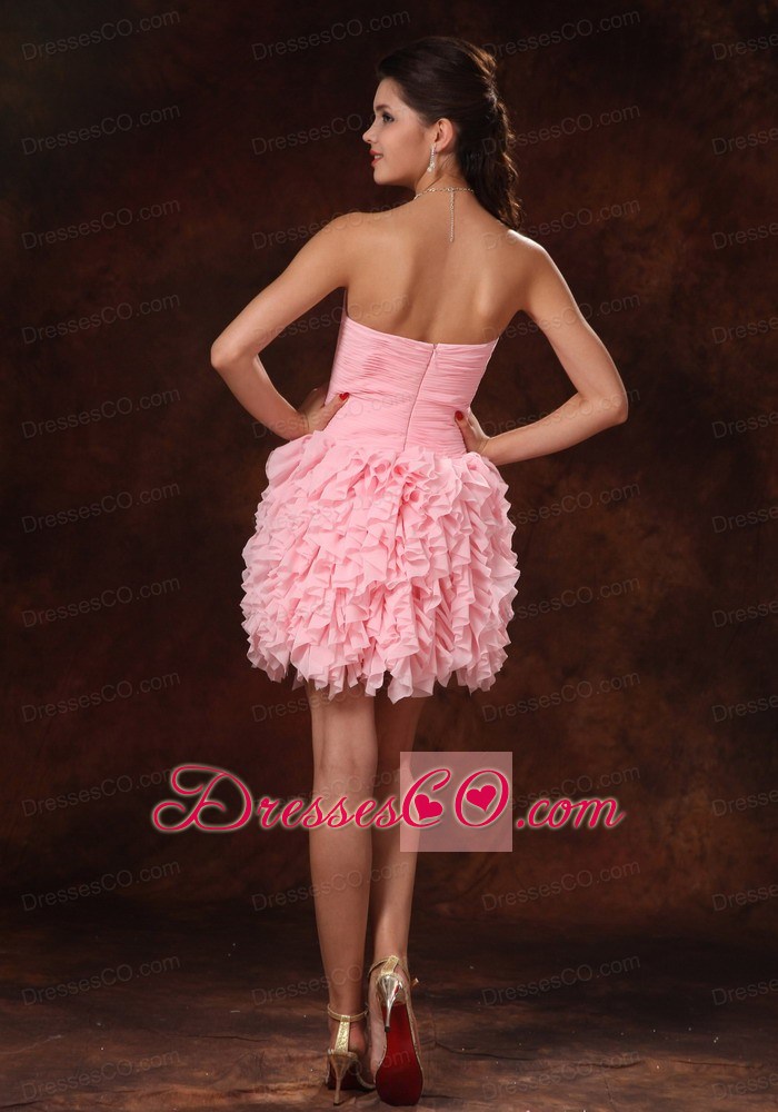 Pink Chiffon Ruffles And Hand Made Flowers Strapless Prom Gowns