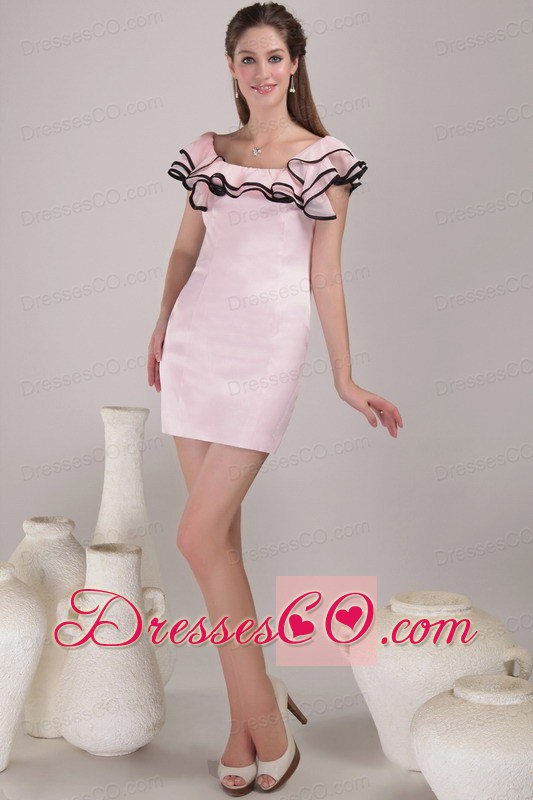 Baby Pink Sheath / Column Square Mini-length Satin Ruching Prom / Homecoming Dress