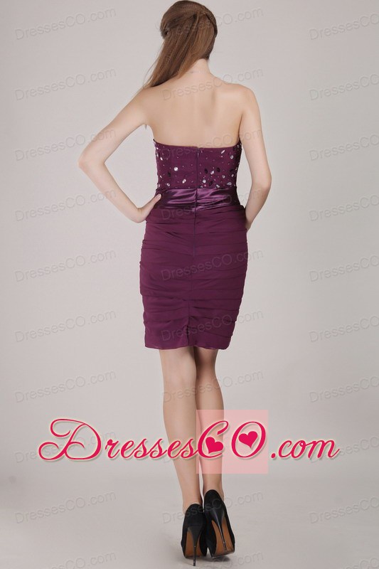 Dark Purple Column Mini-length Chiffon Ruching And Beading Prom / Homecoming Dress