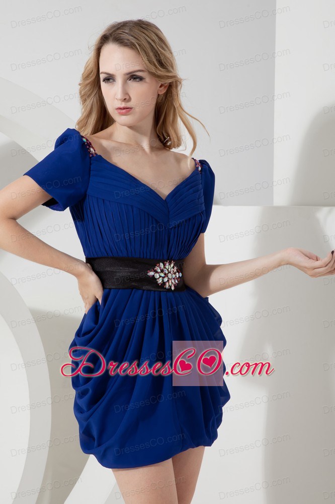 Blue Column V-neck Beading Short Prom Dress Mini-length Chiffon