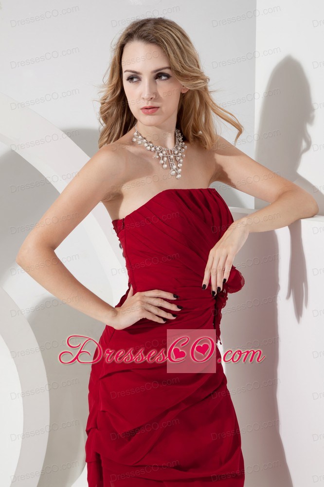 Wine Red Junior Prom Dress Hand Made Flower Column / Sheath Strapless Mini-length Chiffon
