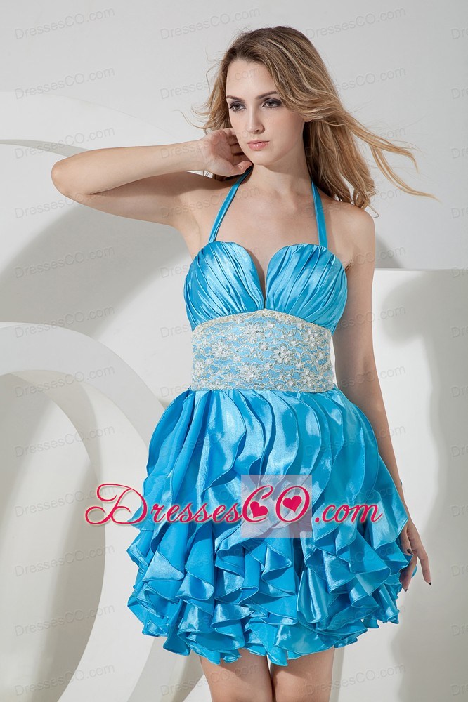 Baby Blue Column Halter Lace Short Prom Dress Mini-lengthtaffeta