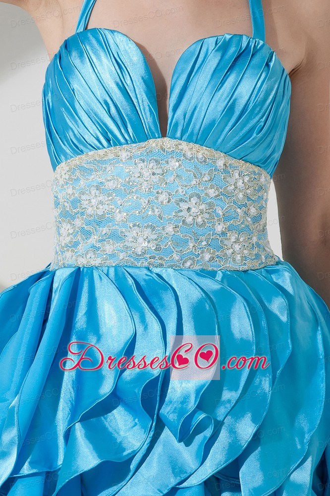 Baby Blue Column Halter Lace Short Prom Dress Mini-lengthtaffeta