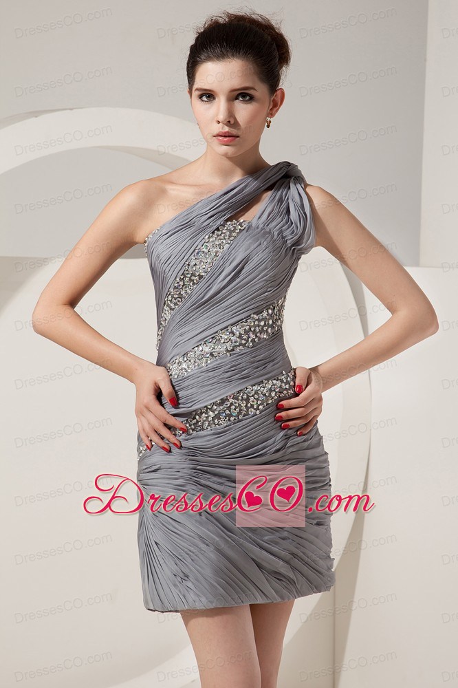Beautiful Grey Column One Shoulder Prom Dress Mini-length Chiffon Beading