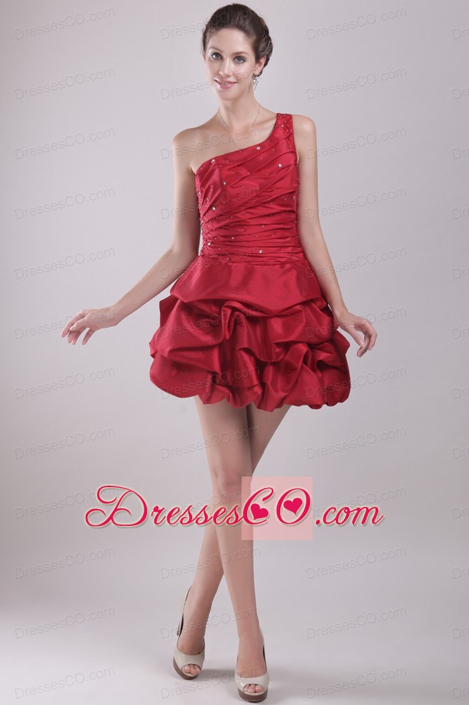 Red A-line / Princess One Shoulder Mini-length Taffeta Beading Prom / Homecoming Dress