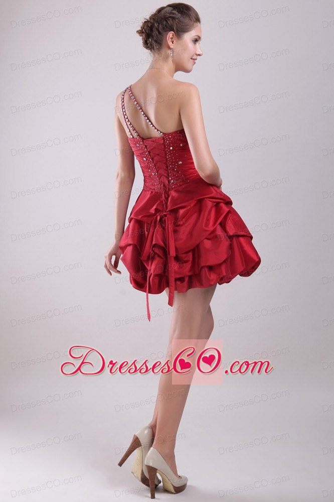 Red A-line / Princess One Shoulder Mini-length Taffeta Beading Prom / Homecoming Dress