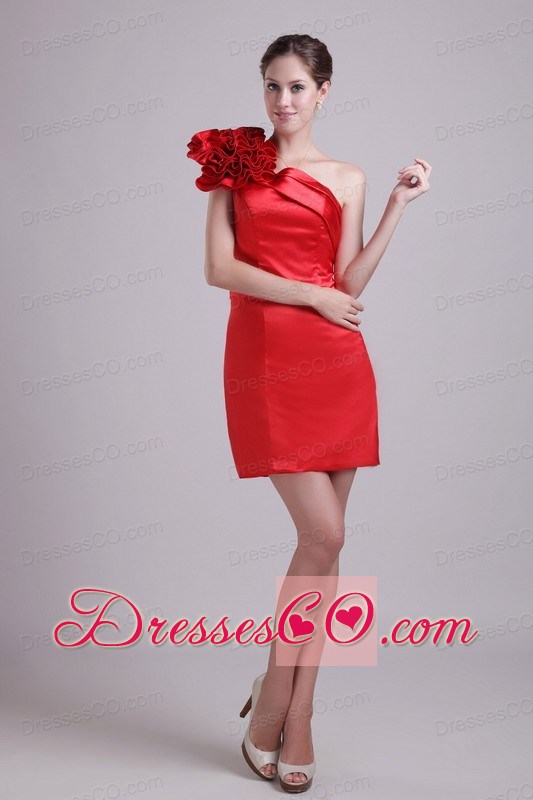 Red Column One Shoulder Short Taffeta Hand Flower Prom / Cocktail Dress