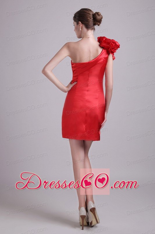 Red Column One Shoulder Short Taffeta Hand Flower Prom / Cocktail Dress