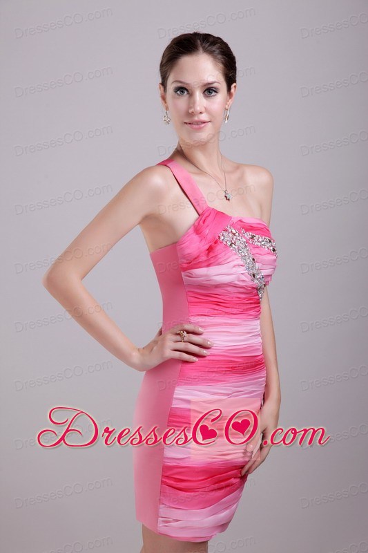 Multi-color Column/sheath One-shoulder Mini-length Chiffon Beading Prom Dress