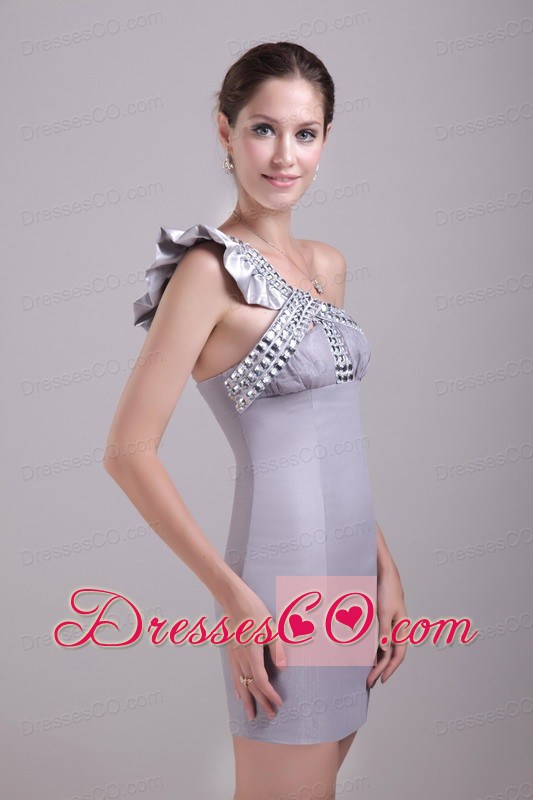Grey Column/sheath One-shoulder Mini-length Satin Rhinestone Prom Dress