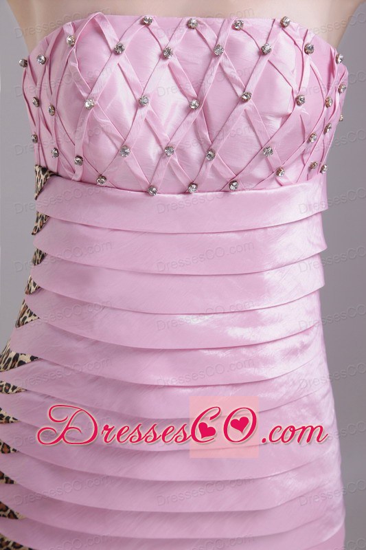 Baby Pink Column/sheath Strapless Knee-length Taffeta And Leopard Beading Ruffles Prom / Homecoming Dress