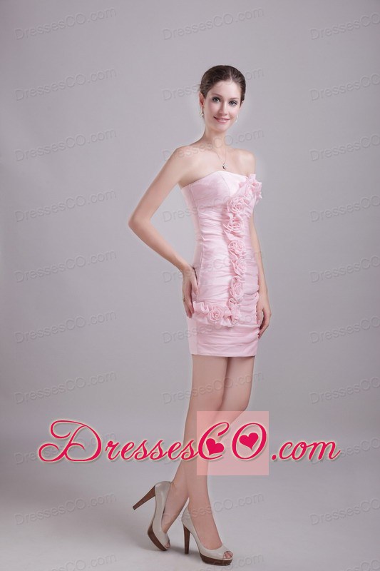 Baby Pink Column/sheath Strapless Mini-length Taffeta Hand Flowers Prom / Homecoming Dress