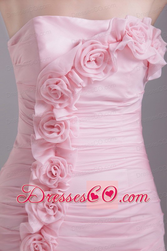 Baby Pink Column/sheath Strapless Mini-length Taffeta Hand Flowers Prom / Homecoming Dress