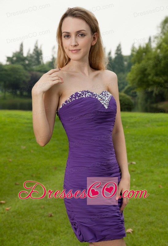 Purple Column Mini-length Chiffon Ruching Prom / Cocktail Dress