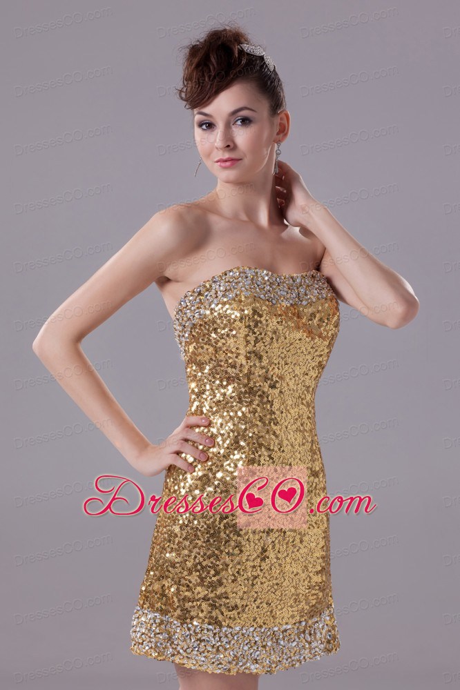 Column Gold Strapless Short Sequin Prom Dress